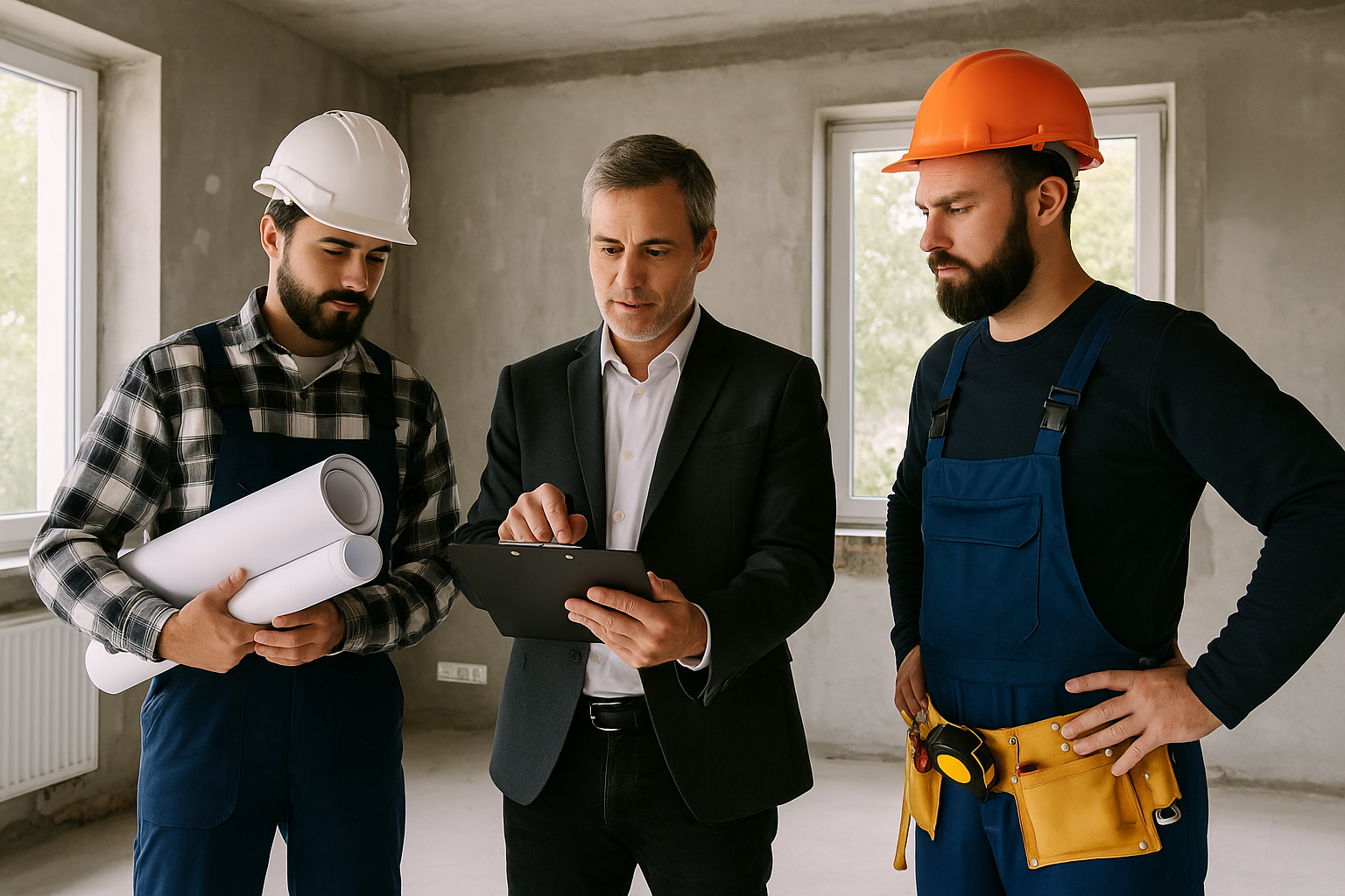 Experts en rénovation tous corps d’état à Marseille coordonnant leur chantier avec plan et tablette, illustrant les avantages d’une entreprise générale du bâtiment.